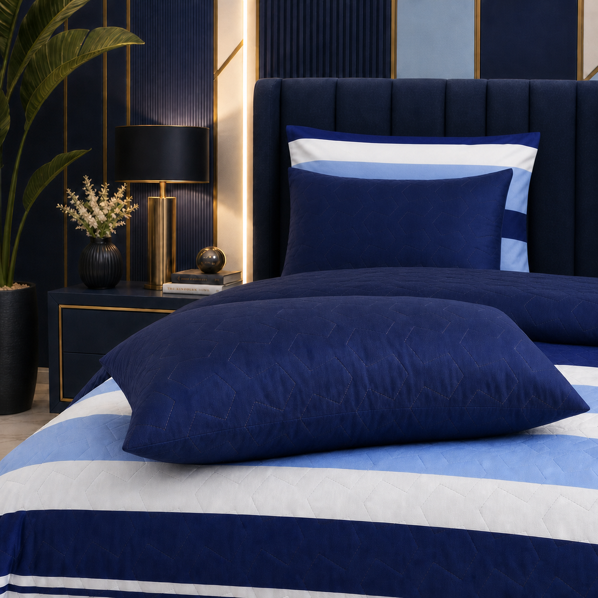 Atlantic Stripe | Printed Ultrasonic Quilted Bedspread Set | 6 Piece