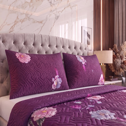 Plum Gardenia | Printed Ultrasonic Quilted Bedspread Set | 3 Piece