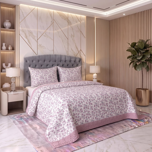 Dusty Rose | Printed Ultrasonic Quilted Bedspread Set | 3 Piece