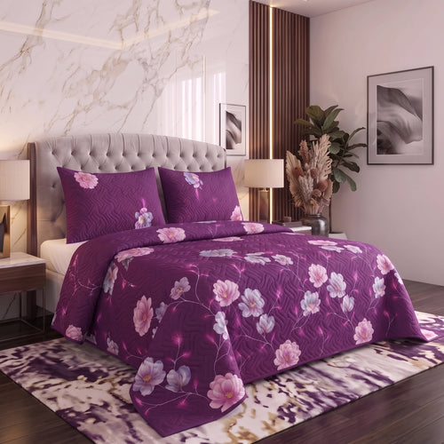 Plum Gardenia | Printed Ultrasonic Quilted Bedspread Set | 3 Piece