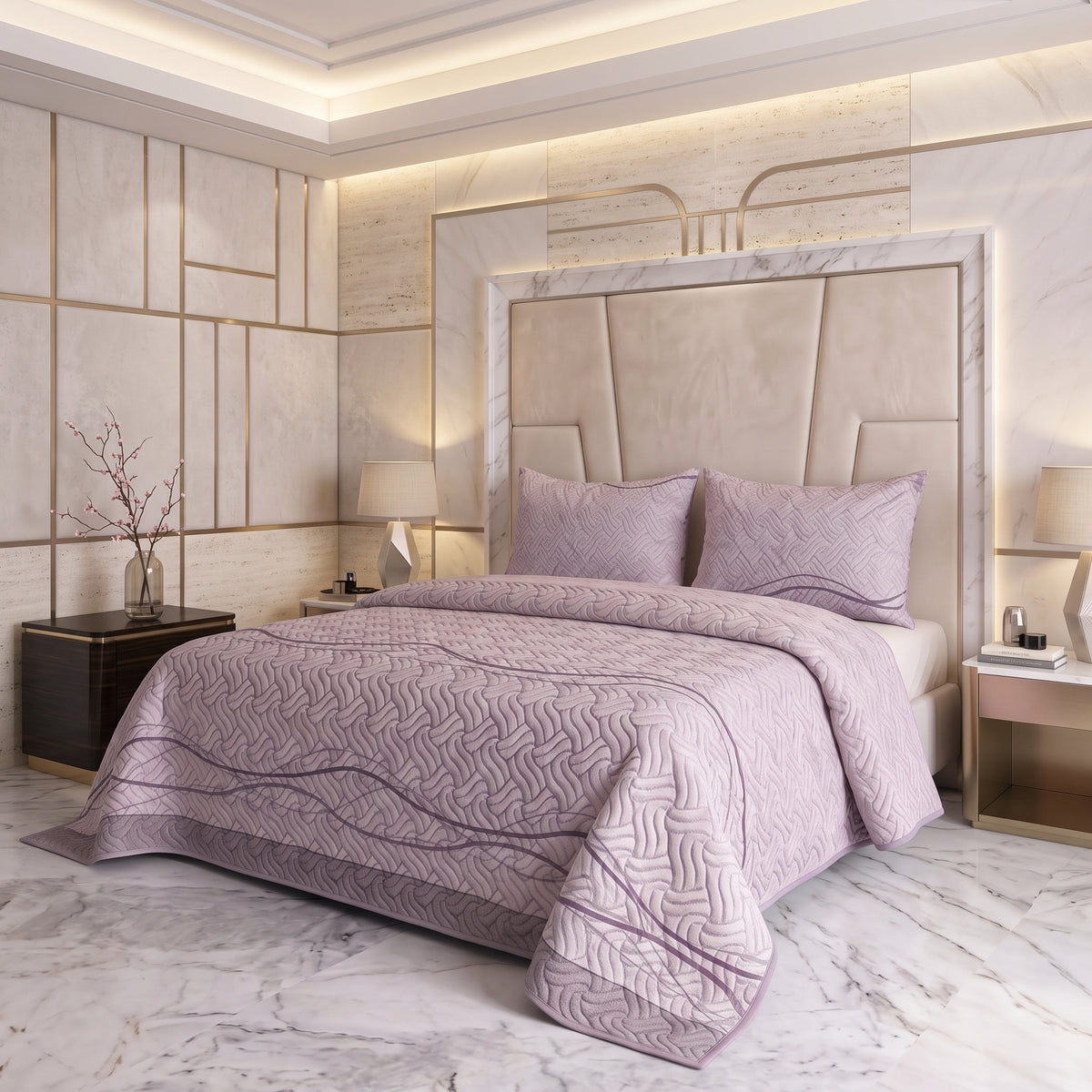 Mauve Ribbon | Printed Ultrasonic Quilted Bedspread Set | 3 Piece