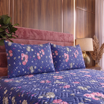 Cobalt Gardenia | Printed Ultrasonic Quilted Bedspread Set | 3 Piece