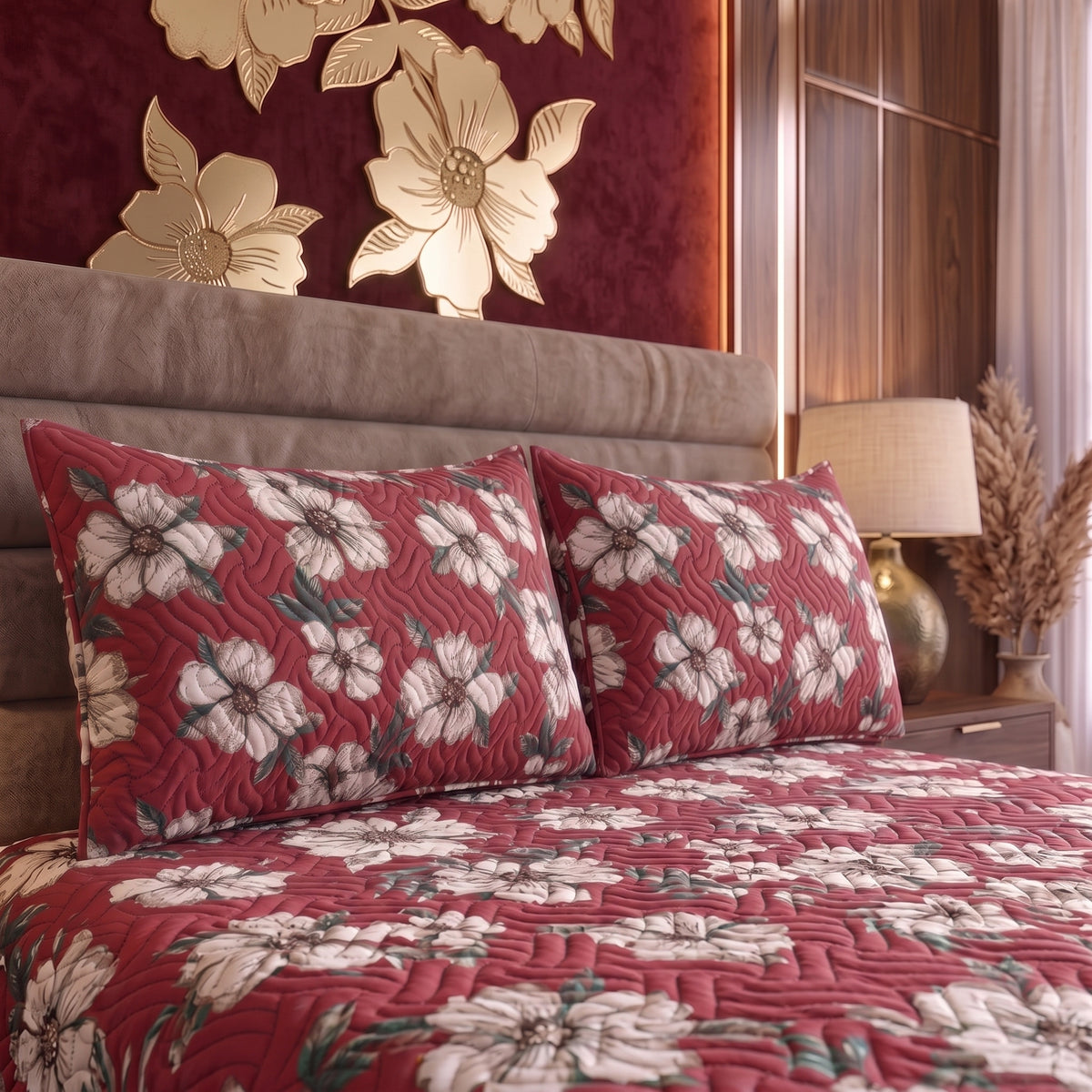 Crimson Meadow | Printed Ultrasonic Quilted Bedspread Set | 3 Piece
