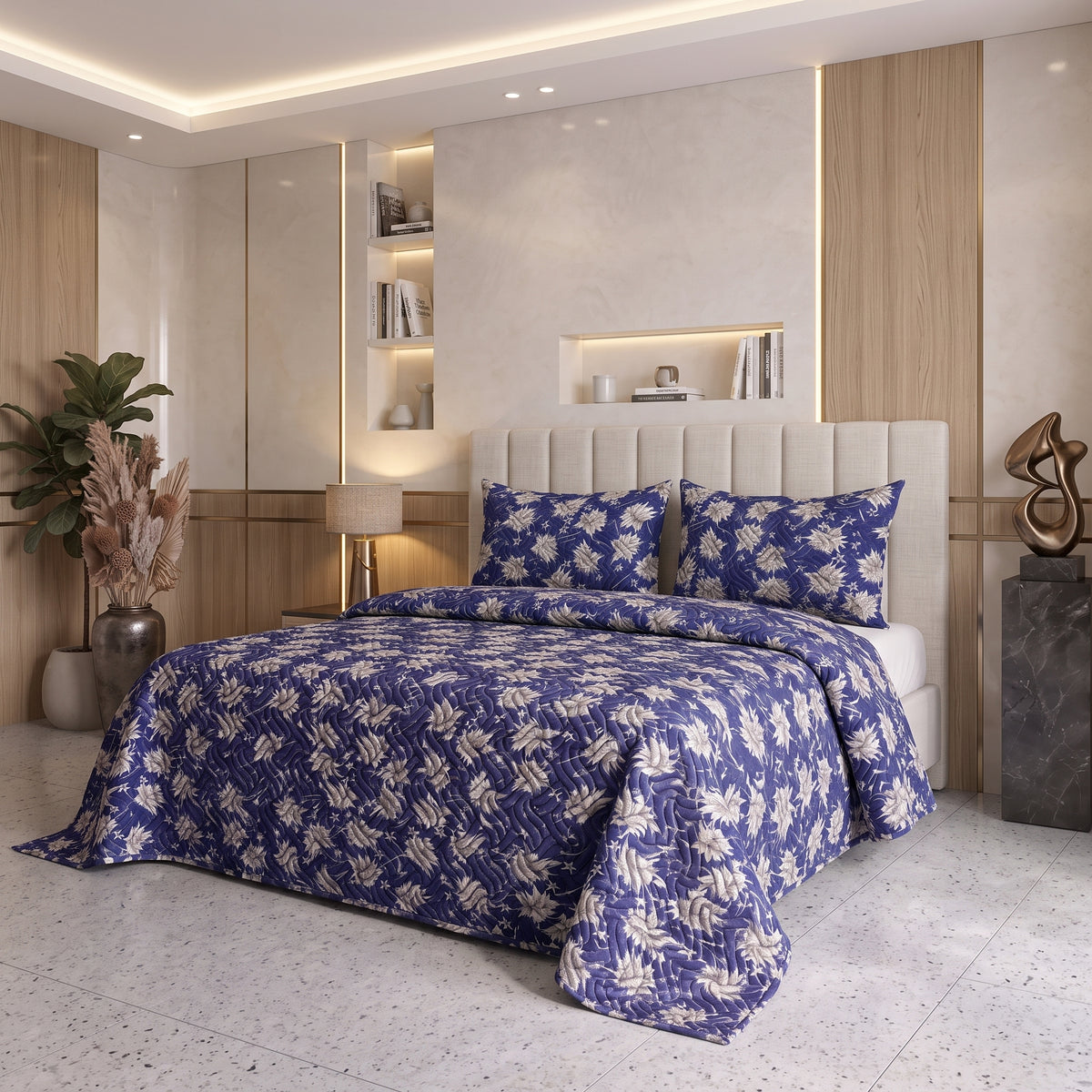 Indigo Starlight | Printed Ultrasonic Quilted Bedspread Set | 3 Piece