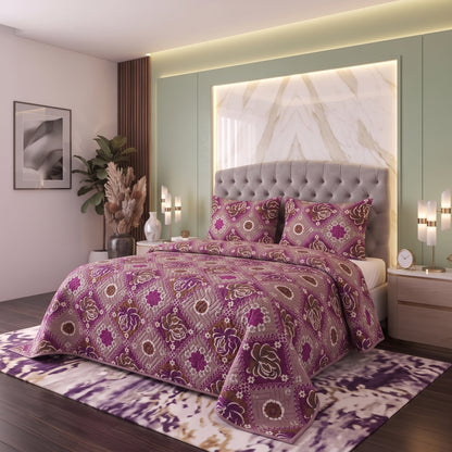 Plum Lotus | Printed Ultrasonic Quilted Bedspread Set | 3 Piece