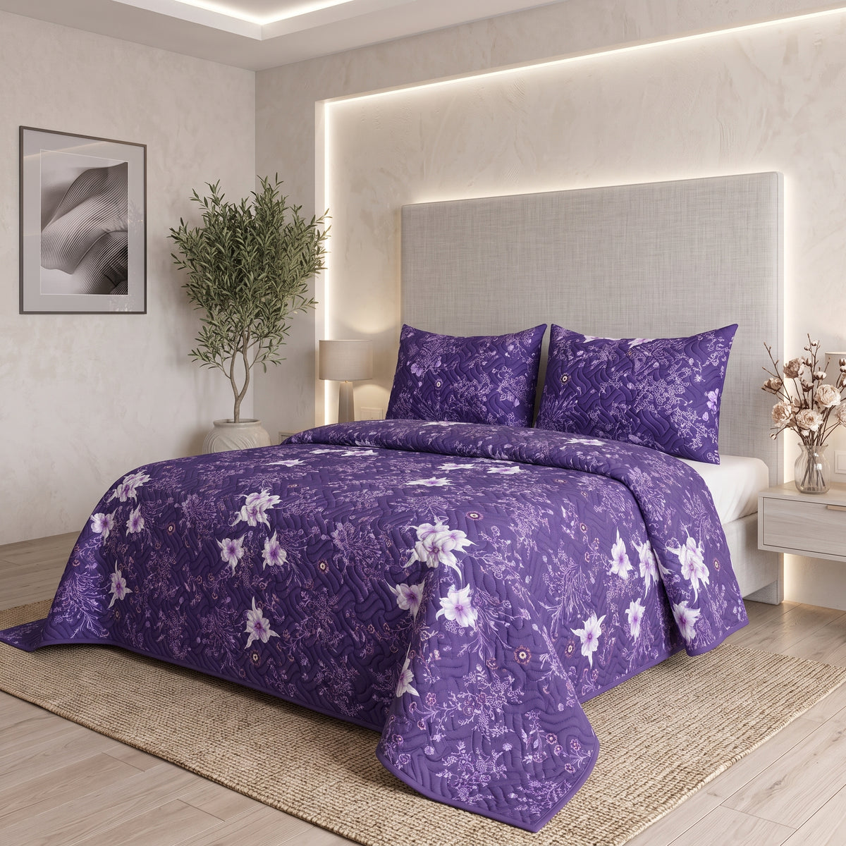 Violet Meadow | Printed Ultrasonic Quilted Bedspread Set | 3 Piece