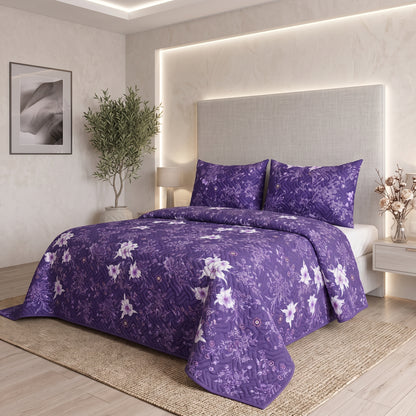 Violet Meadow | Printed Ultrasonic Quilted Bedspread Set | 3 Piece