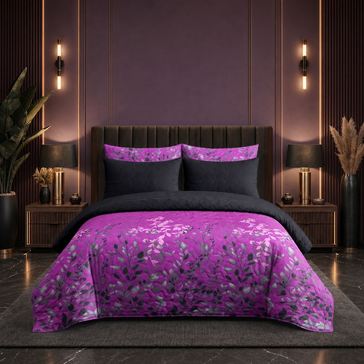 Magenta Breeze | Printed Ultrasonic Quilted Bedspread Set | 6 Piece