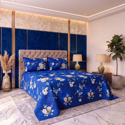 Cobalt Blossom | Printed Ultrasonic Quilted Bedspread Set | 3 Piece