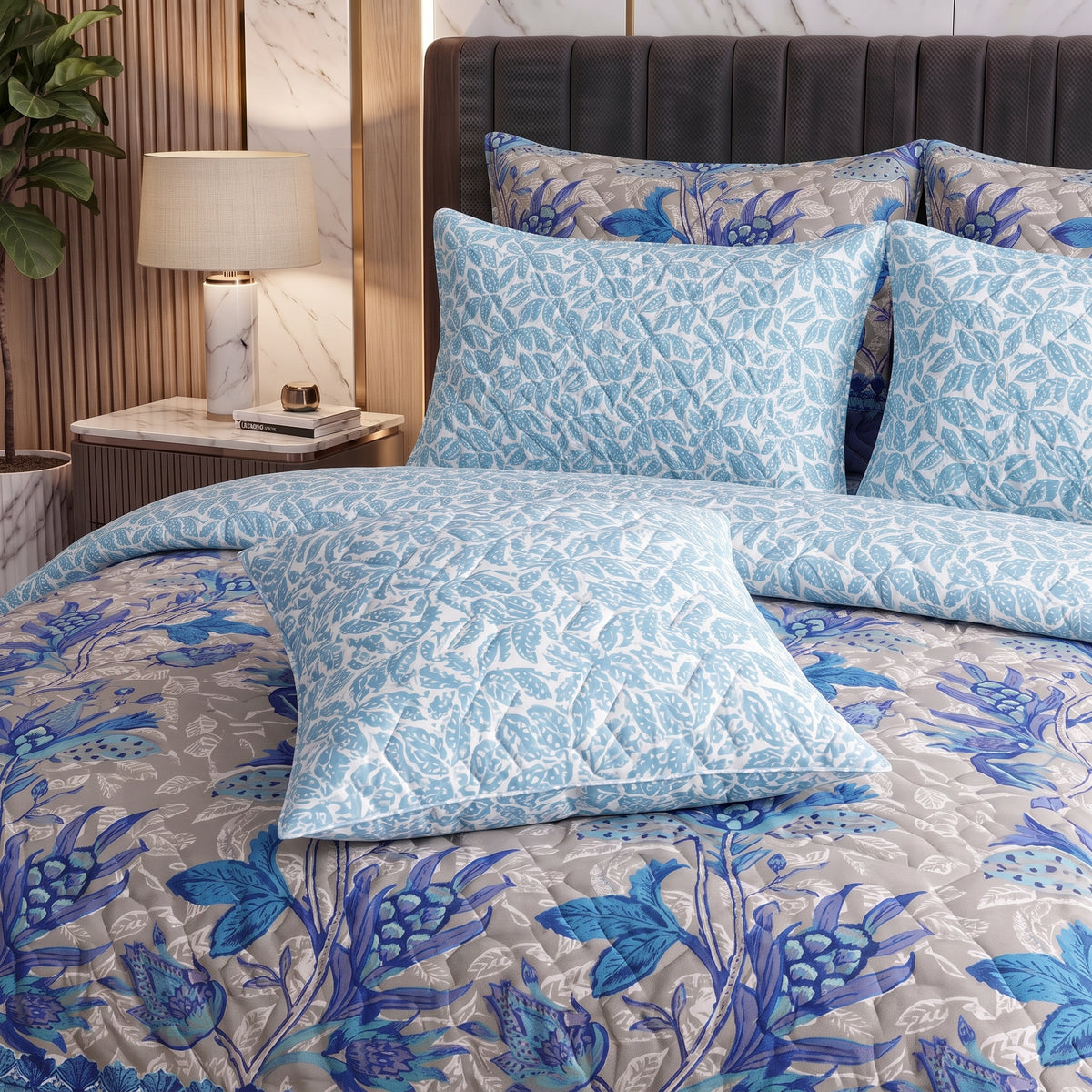 Cobalt Fern | Printed Ultrasonic Quilted Bedspread Set | 7 Piece