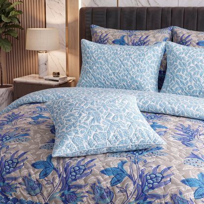 Cobalt Fern | Printed Ultrasonic Quilted Bedspread Set | 7 Piece