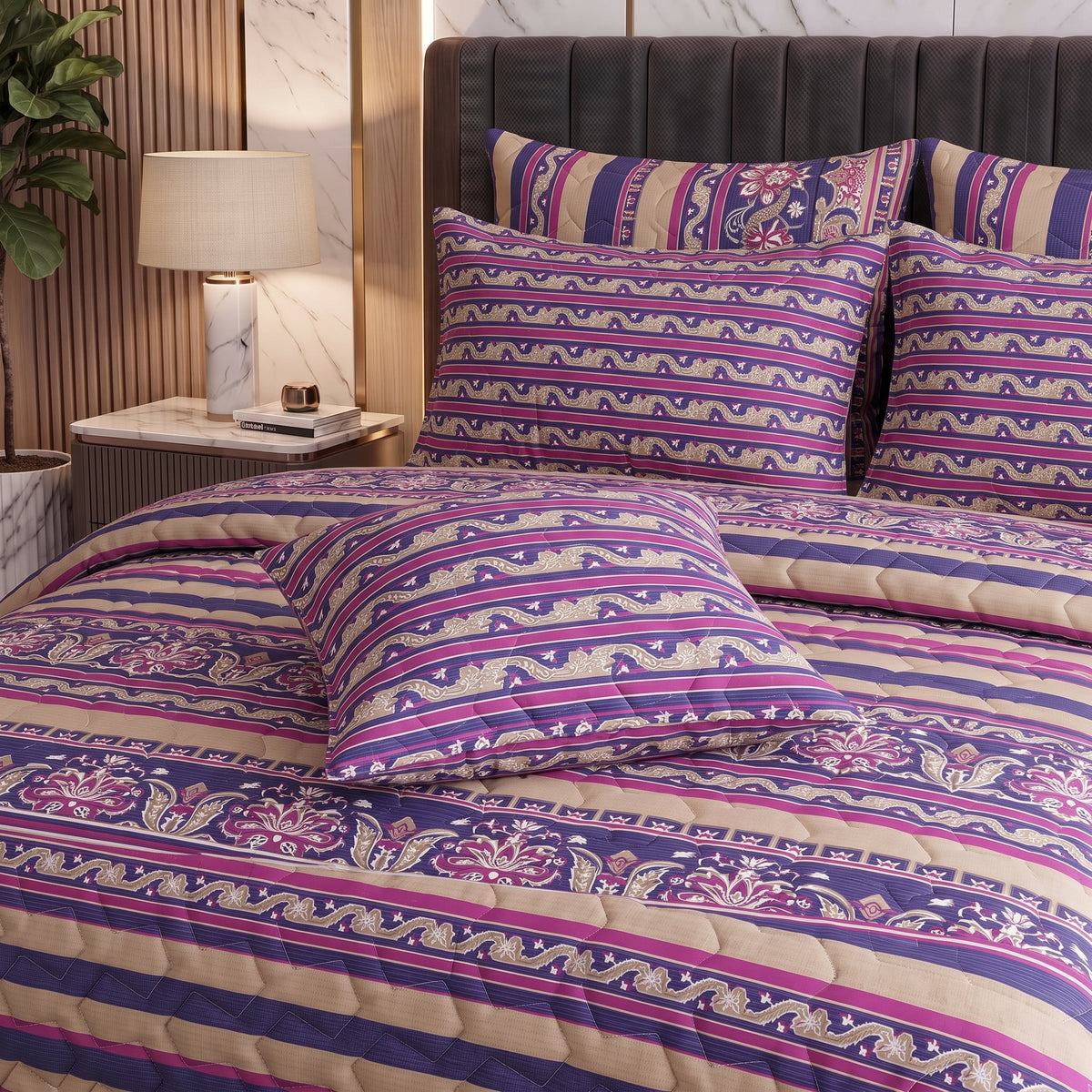 Indigo Vine | Printed Ultrasonic Quilted Bedspread Set | 7 Piece