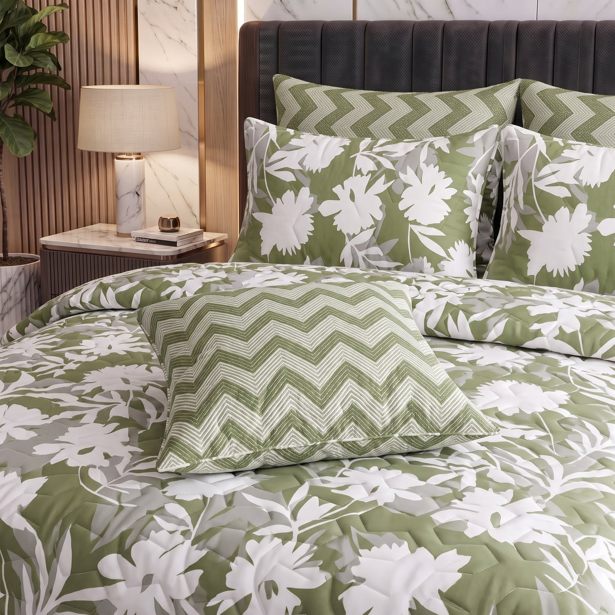 Olive Bloom | Printed Ultrasonic Quilted Bedspread Set | 7 Piece