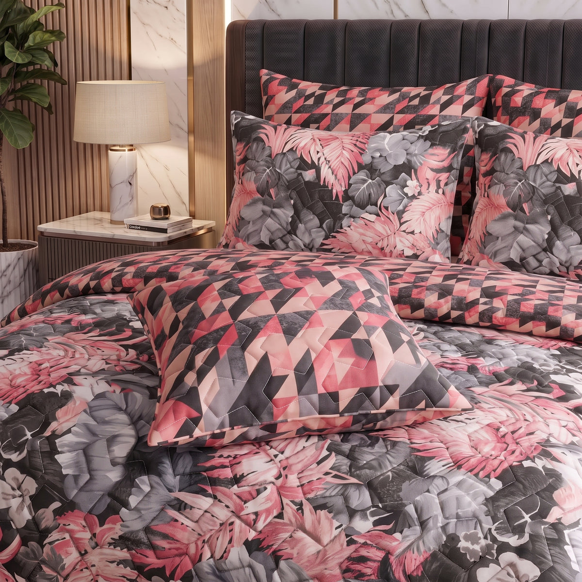 Coral Prism | Printed Ultrasonic Quilted Bedspread Set | 7 Piece