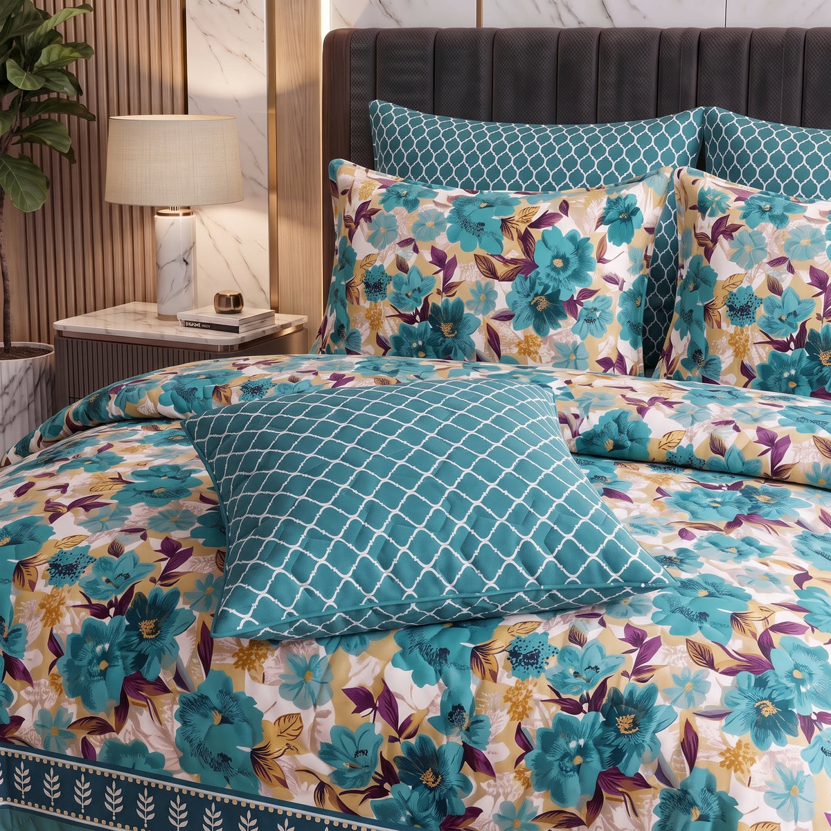 Turquoise Meadow | Printed Ultrasonic Quilted Bedspread Set | 7 Piece