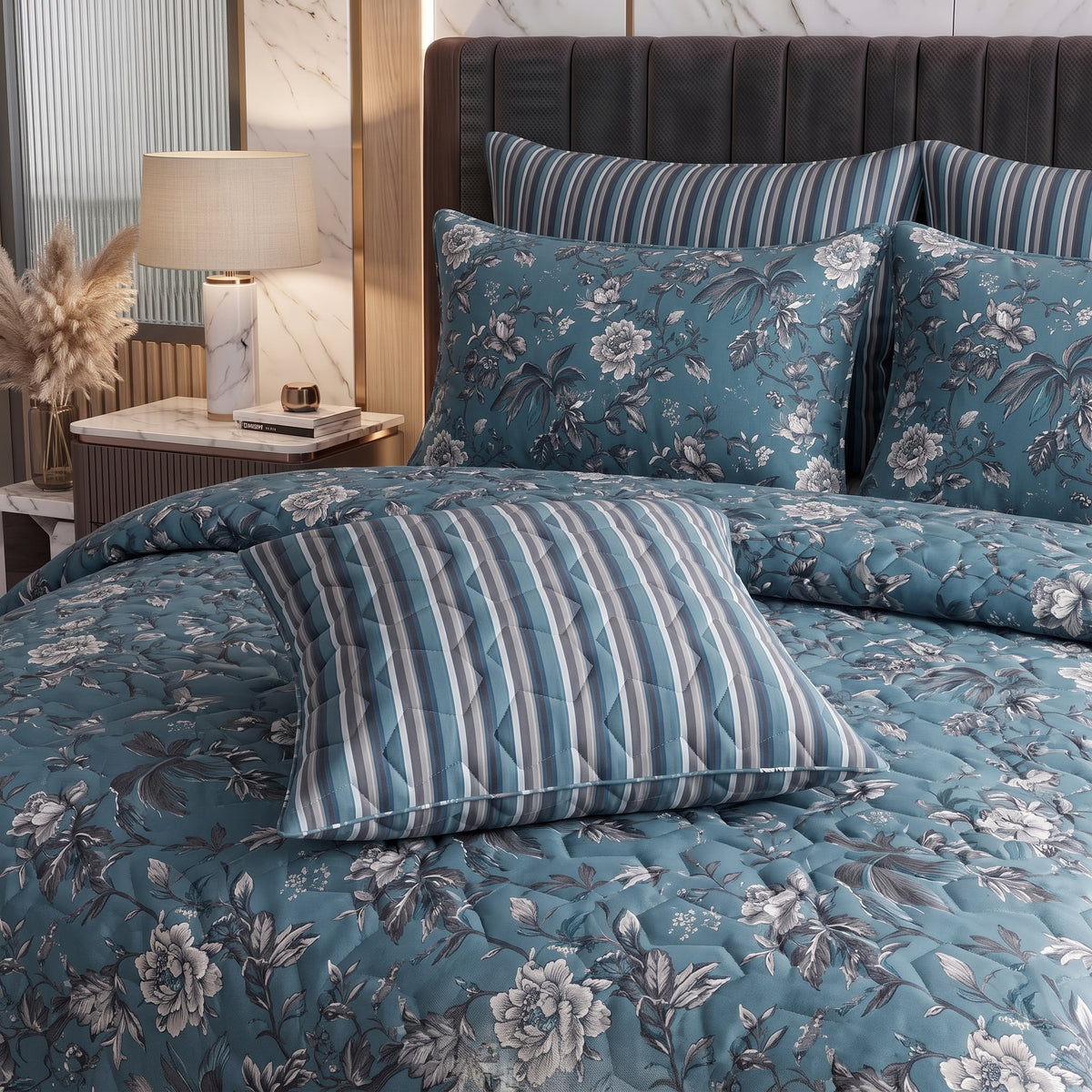 Teal Botanica | Printed Ultrasonic Quilted Bedspread Set | 7 Piece