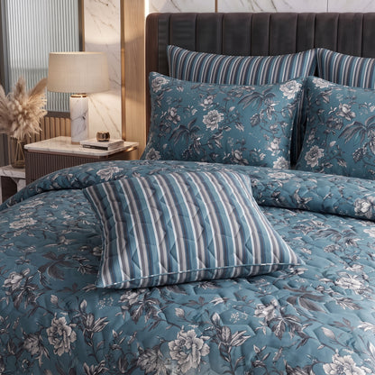 Teal Botanica | Printed Ultrasonic Quilted Bedspread Set | 7 Piece