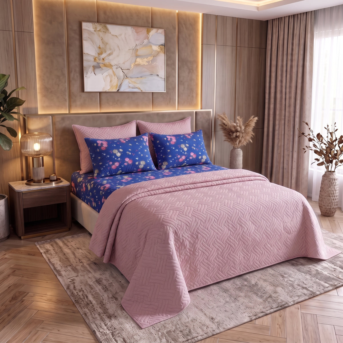 Mix & Match Bundle | 2 Bedspread Sets (3 Piece) | Cobalt Gardenia + Baby Pink
