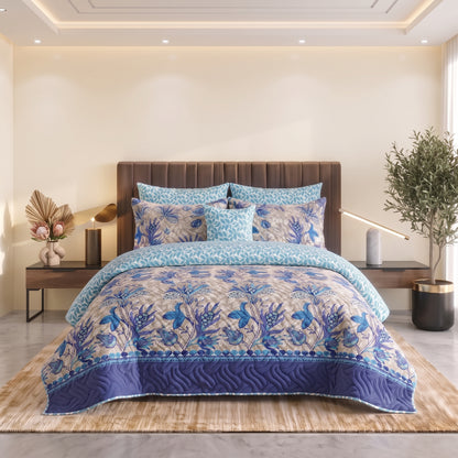 Cobalt Fern | Printed Ultrasonic Quilted Bedspread Set | 7 Piece