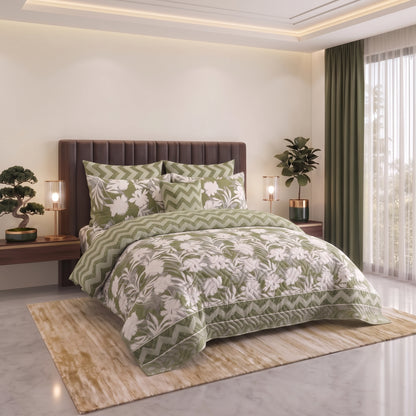 Olive Bloom | Printed Ultrasonic Quilted Bedspread Set | 7 Piece
