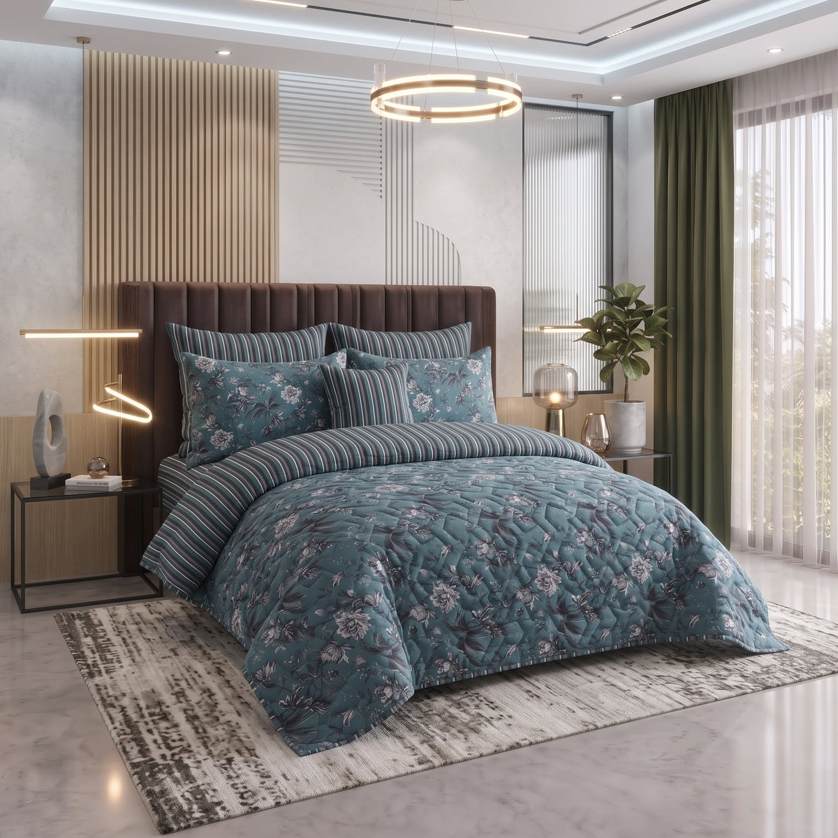 Teal Botanica | Printed Ultrasonic Quilted Bedspread Set | 7 Piece