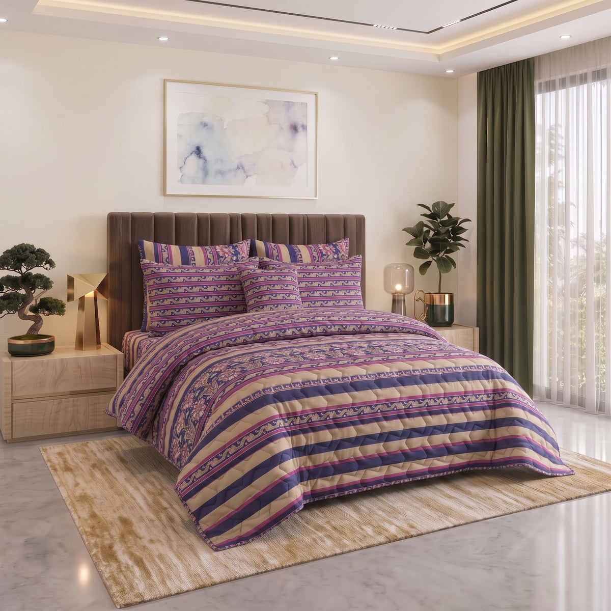 Indigo Vine | Printed Ultrasonic Quilted Bedspread Set | 7 Piece