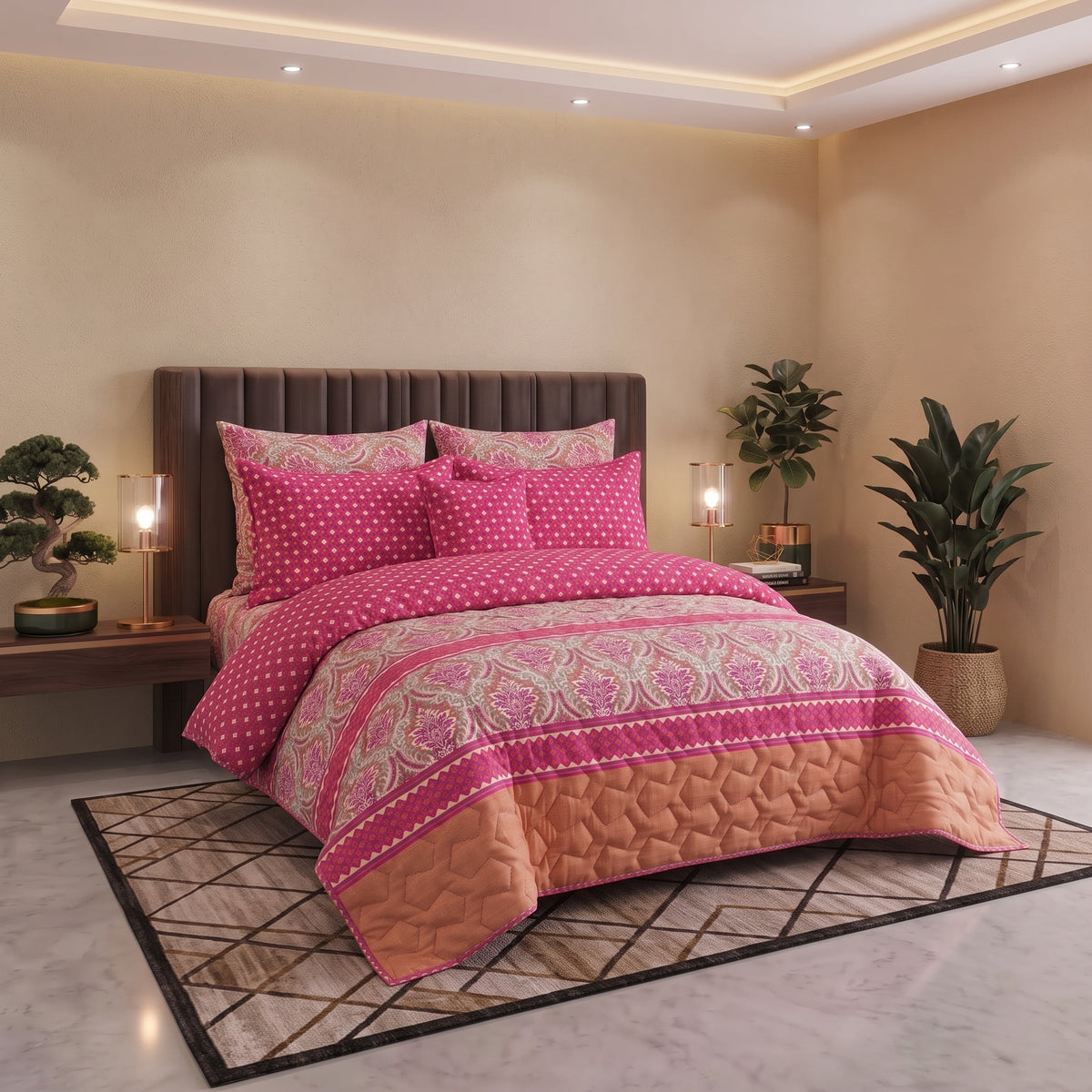 Rani Damask | Printed Ultrasonic Quilted Bedspread Set | 7 Piece