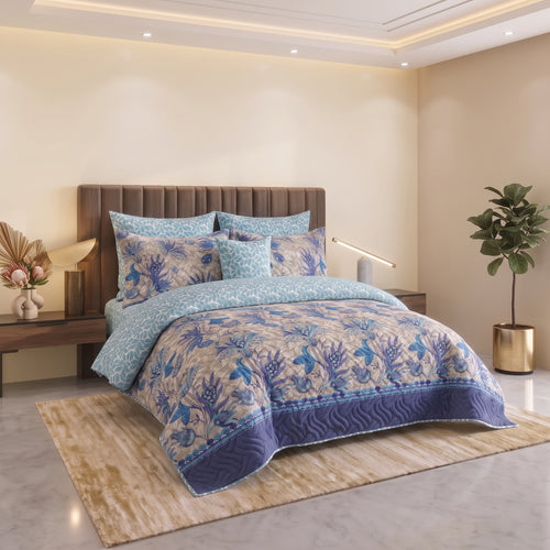 Cobalt Fern | Printed Ultrasonic Quilted Bedspread Set | 7 Piece