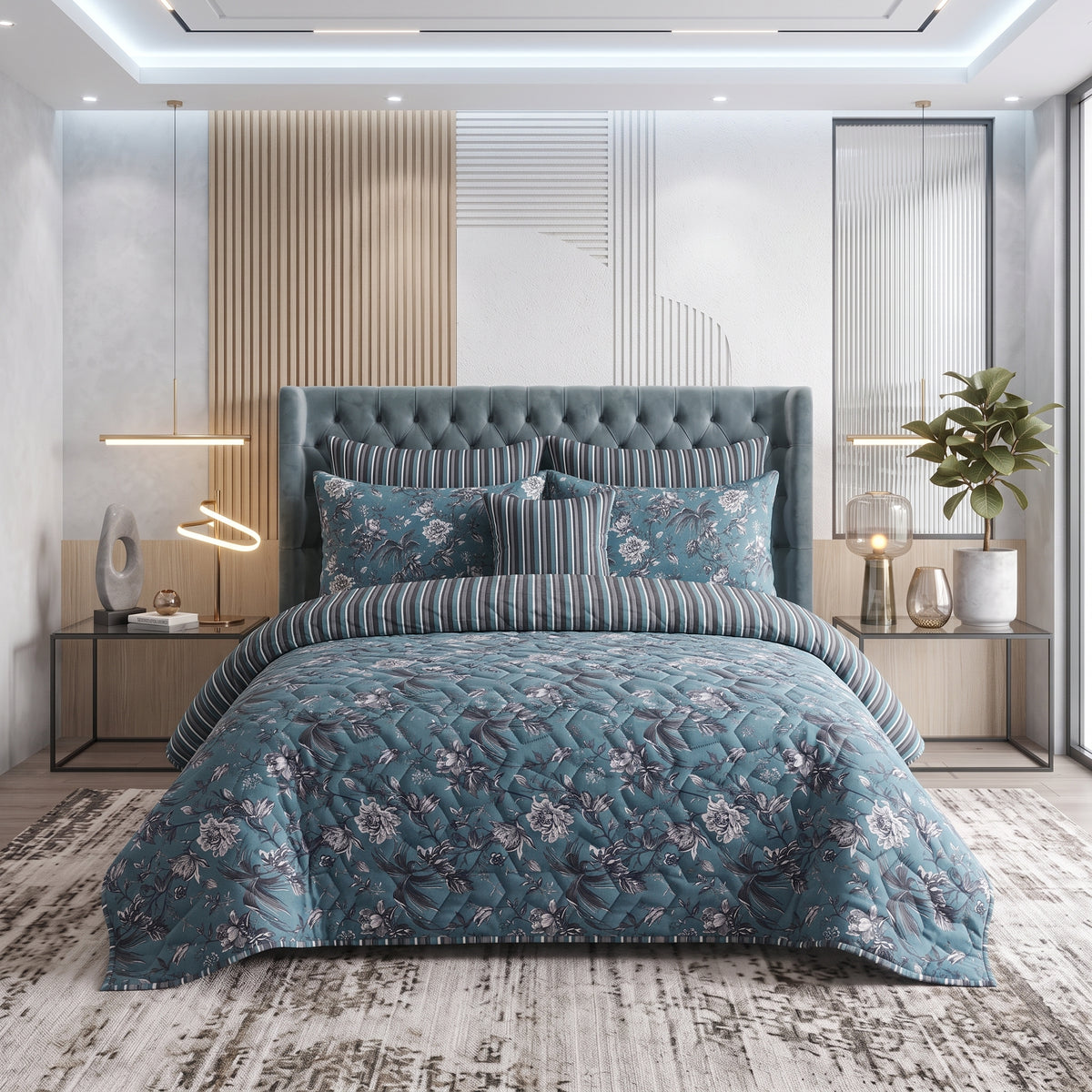 Teal Botanica | Printed Ultrasonic Quilted Bedspread Set | 7 Piece