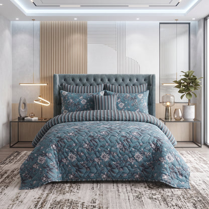 Teal Botanica | Printed Ultrasonic Quilted Bedspread Set | 7 Piece