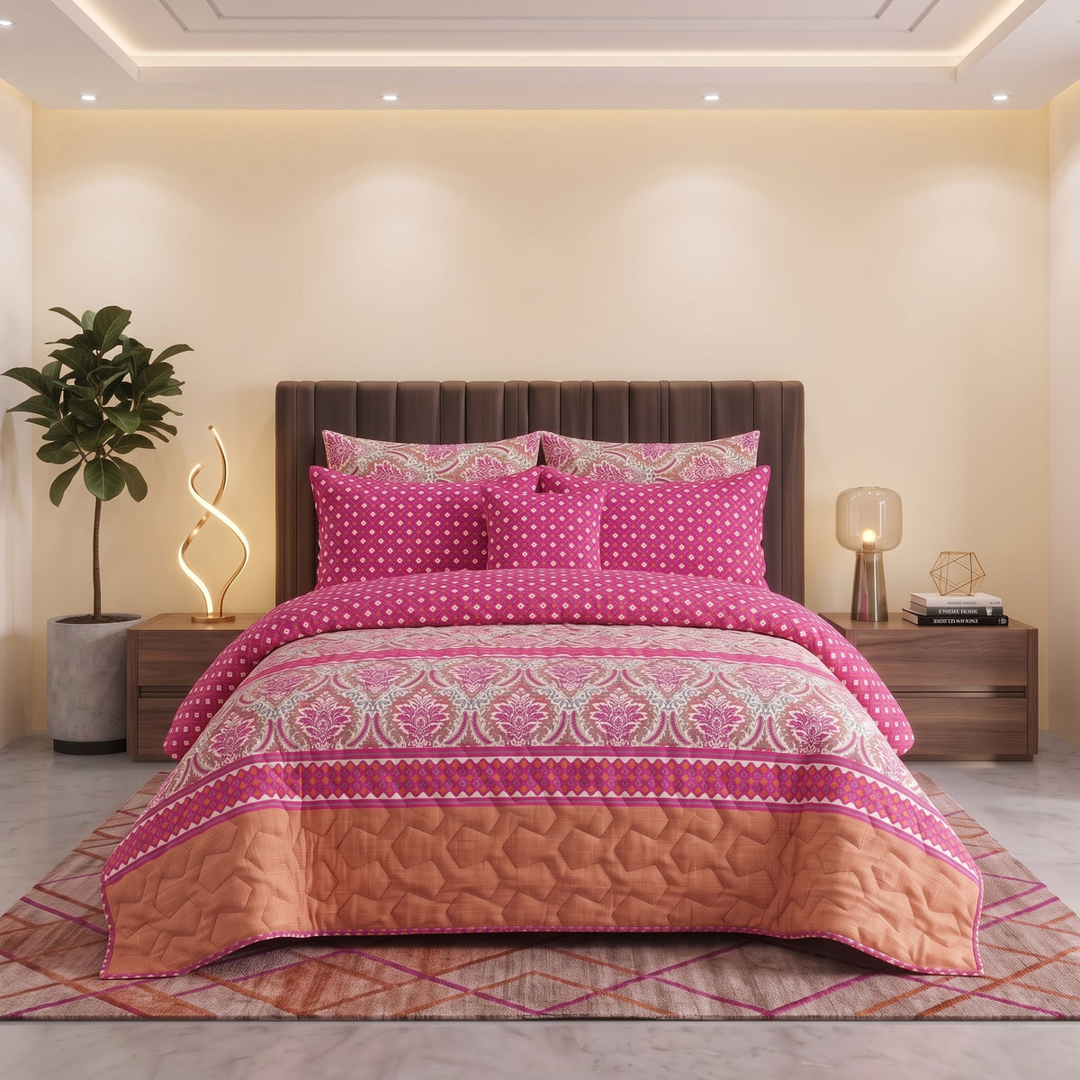Rani Damask | Printed Ultrasonic Quilted Bedspread Set | 7 Piece