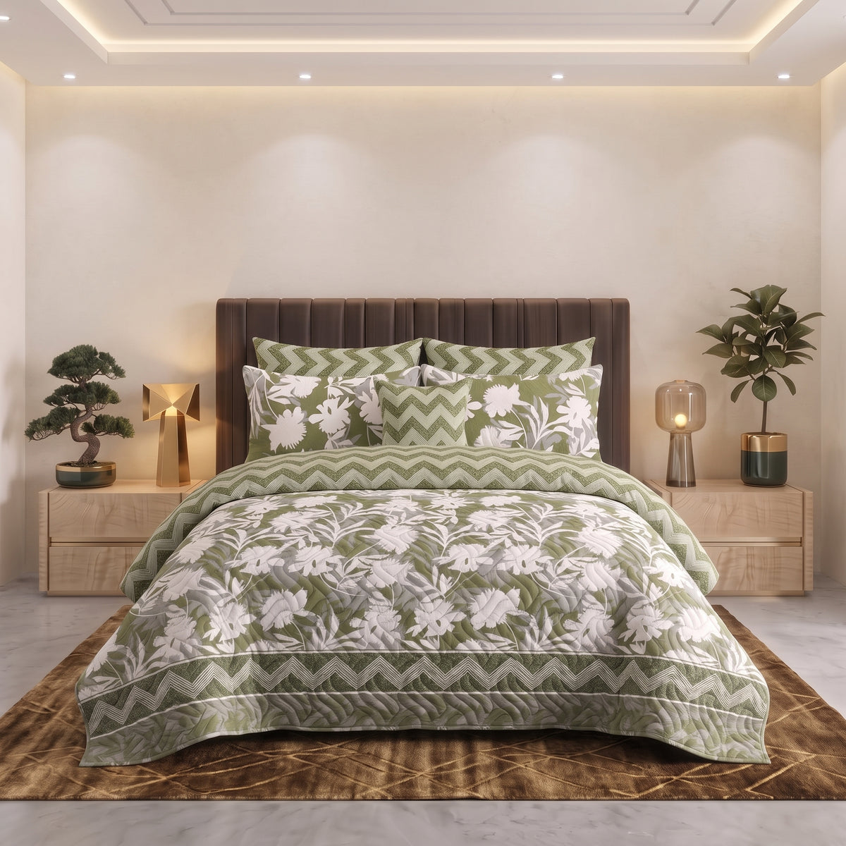Olive Bloom | Printed Ultrasonic Quilted Bedspread Set | 7 Piece