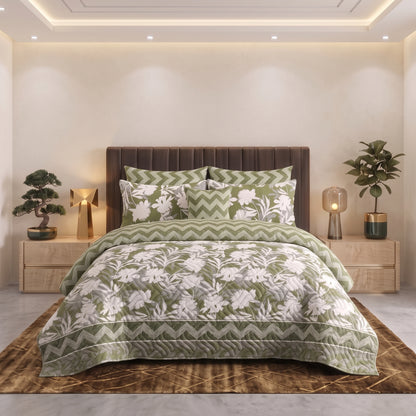 Olive Bloom | Printed Ultrasonic Quilted Bedspread Set | 7 Piece