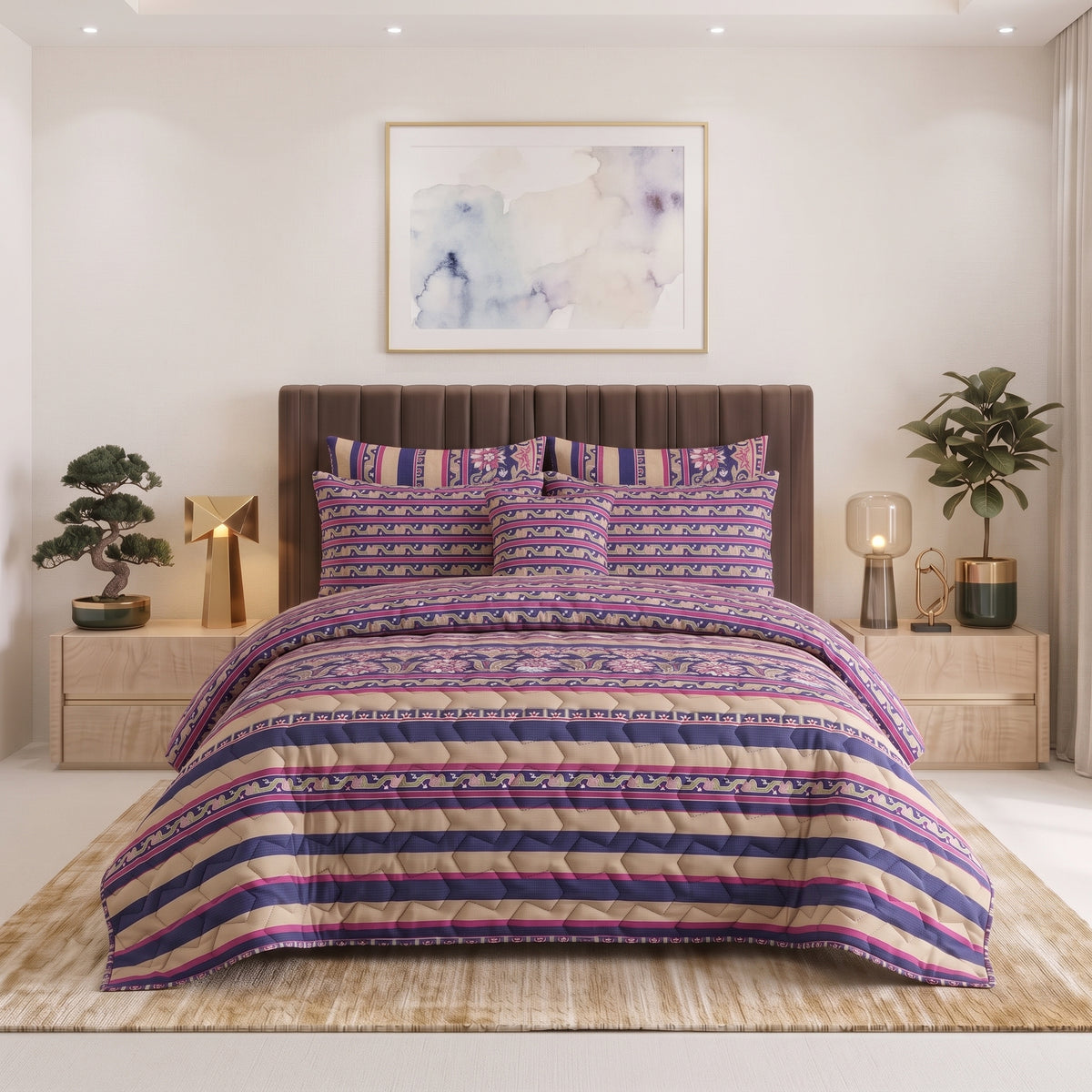 Indigo Vine | Printed Ultrasonic Quilted Bedspread Set | 7 Piece
