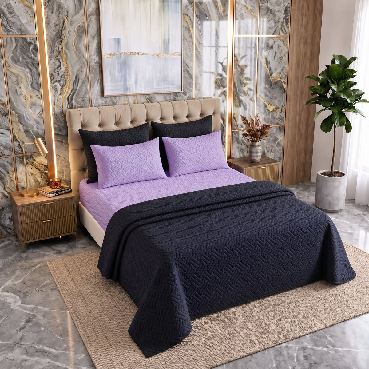 Mix & Match Bundle | 2 Bedspread Sets (3 Piece) | Classic Black + Pastel Purple