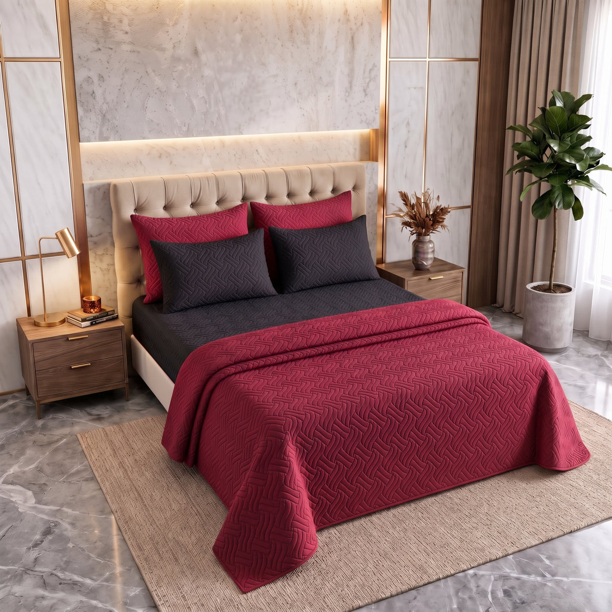 Mix & Match Bundle | 2 Bedspread Sets (3 Piece) | Classic Black + Ruby Red
