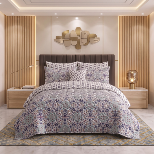 Mosaic Noor | Printed Ultrasonic Quilted Bedspread Set | 7 Piece