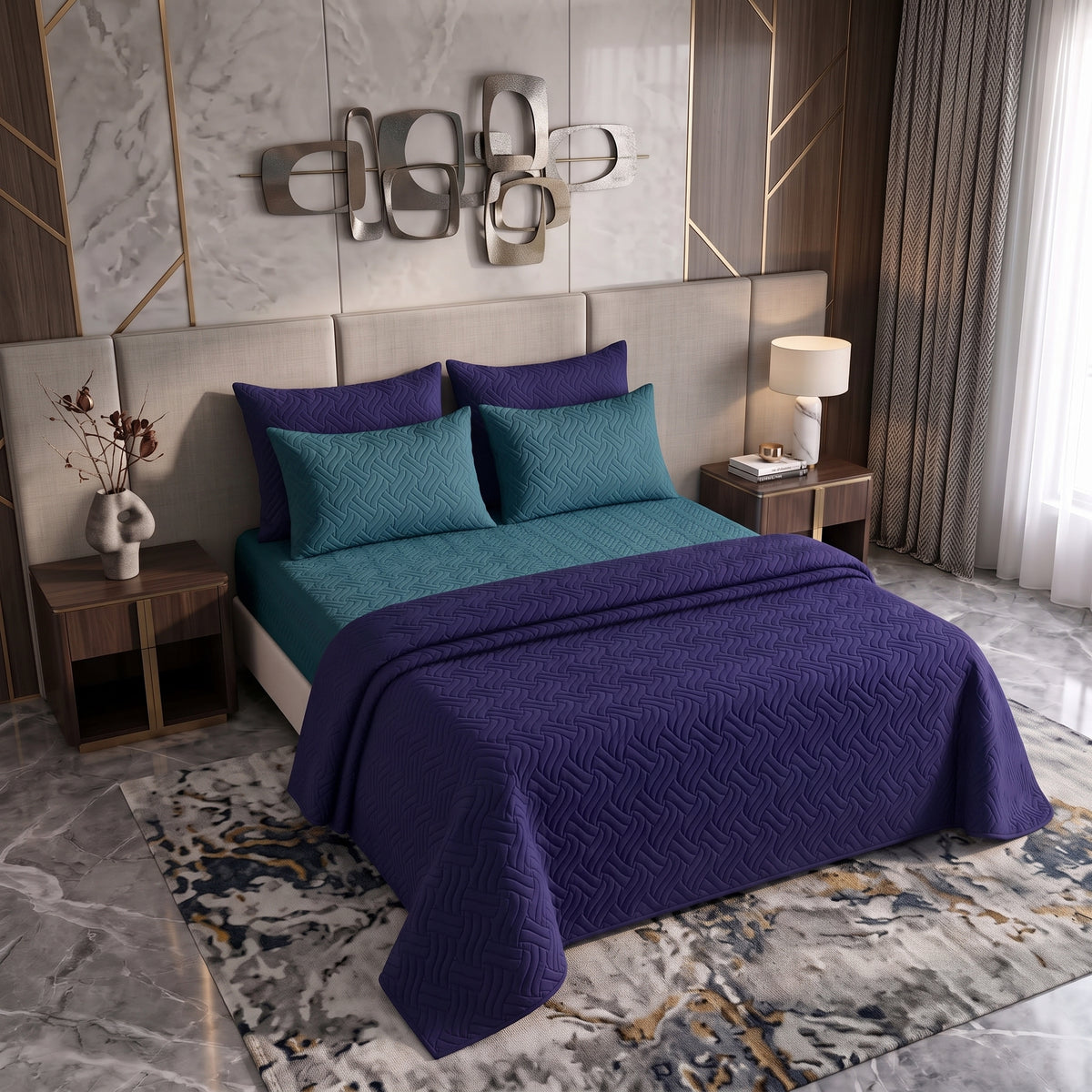 Mix & Match Bundle | 2 Bedspread Sets (3 Piece) | Royal Navy + Teal Blue