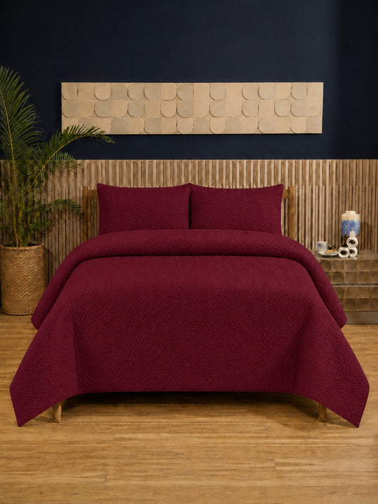 Burgundy Wine Ultrasonic Dyed 3-Piece Bedspread Set King / Double Bed