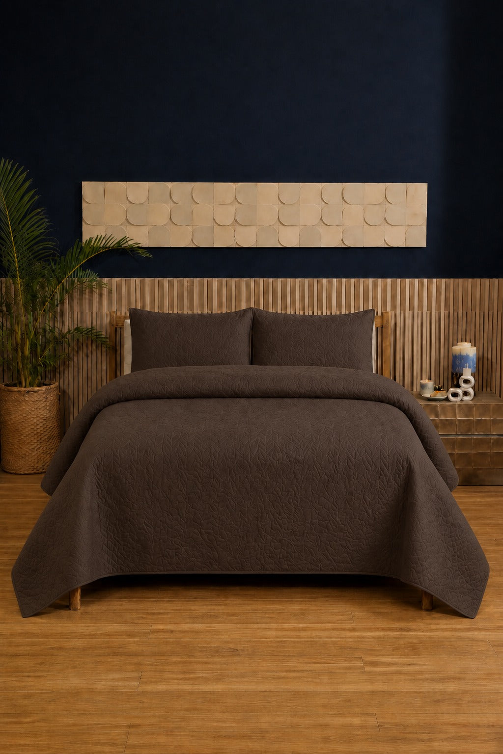 Coffee Brown Ultrasonic Dyed 3-Piece Bedspread Set King / Double Bed