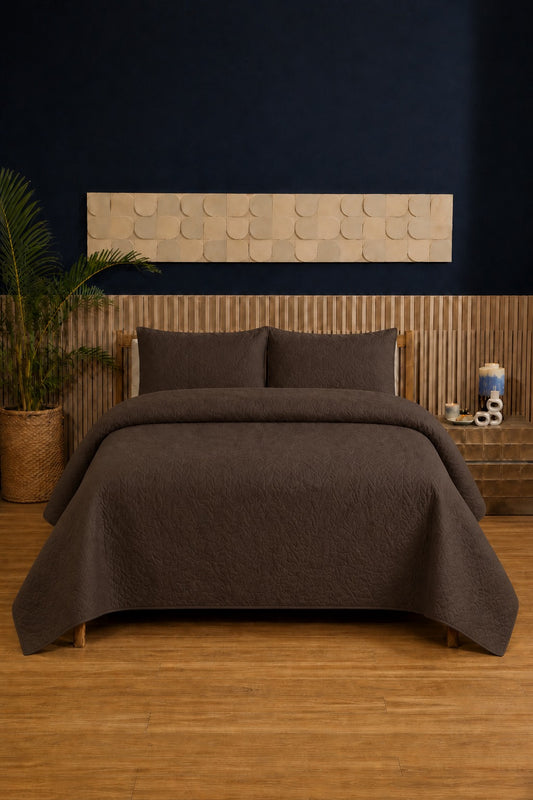 Coffee Brown Ultrasonic Dyed 3-Piece Bedspread Set King / Double Bed