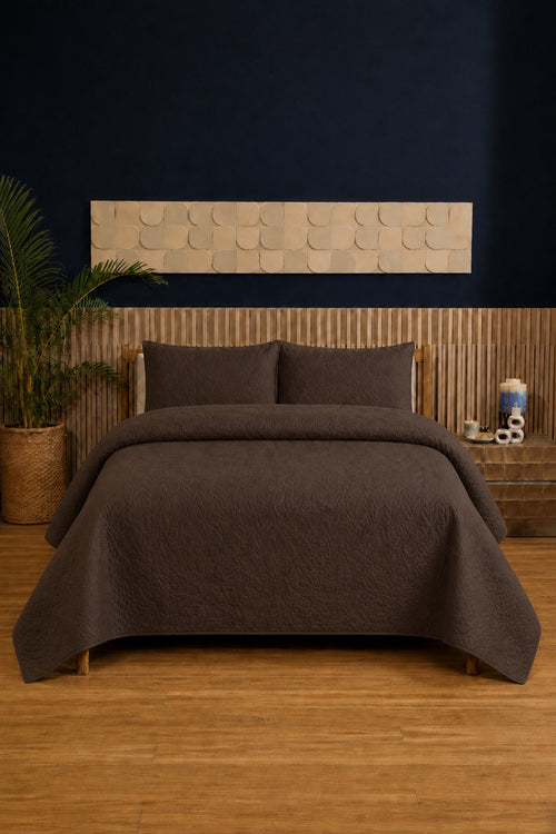 Coffee Brown Ultrasonic Dyed 3-Piece Bedspread Set