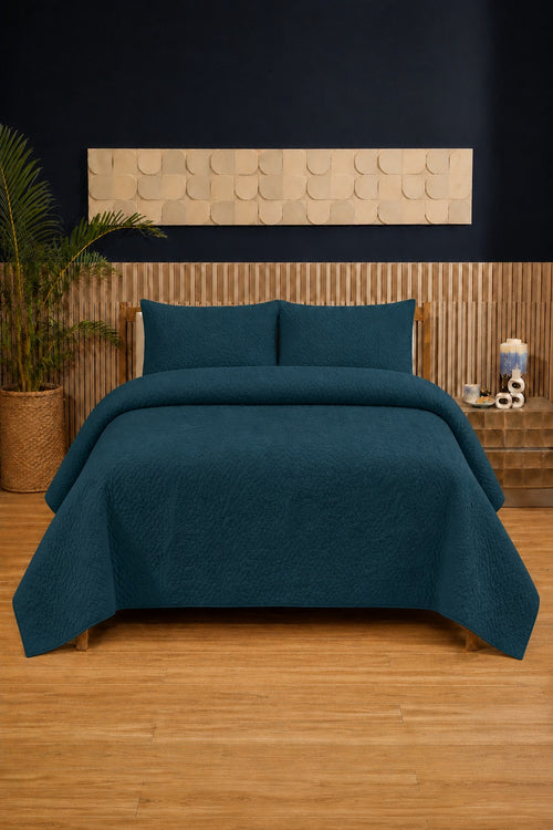 Teal Blue Ultrasonic Dyed 3-Piece Bedspread Set