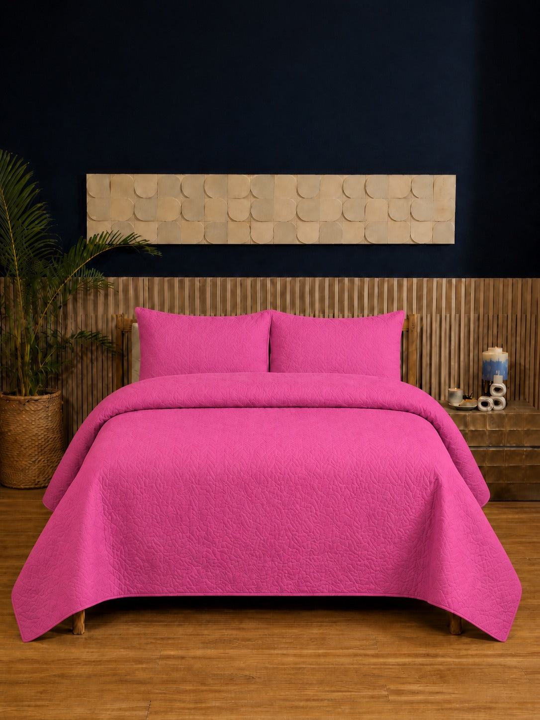 Hot Pink Ultrasonic Dyed 3-Piece Bedspread Set King / Double Bed