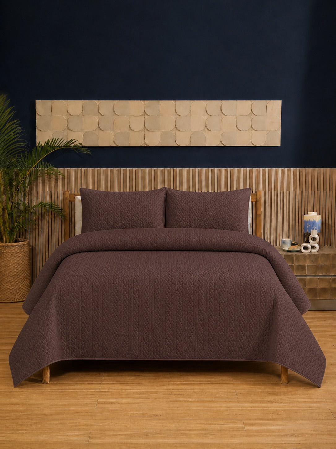 Mocha Brown Ultrasonic Dyed 3-Piece Bedspread Set King / Double Bed