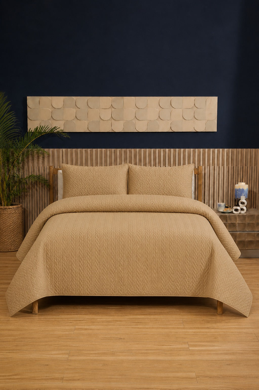 Sand Beige Ultrasonic Dyed 3-Piece Bedspread Set King / Double Bed