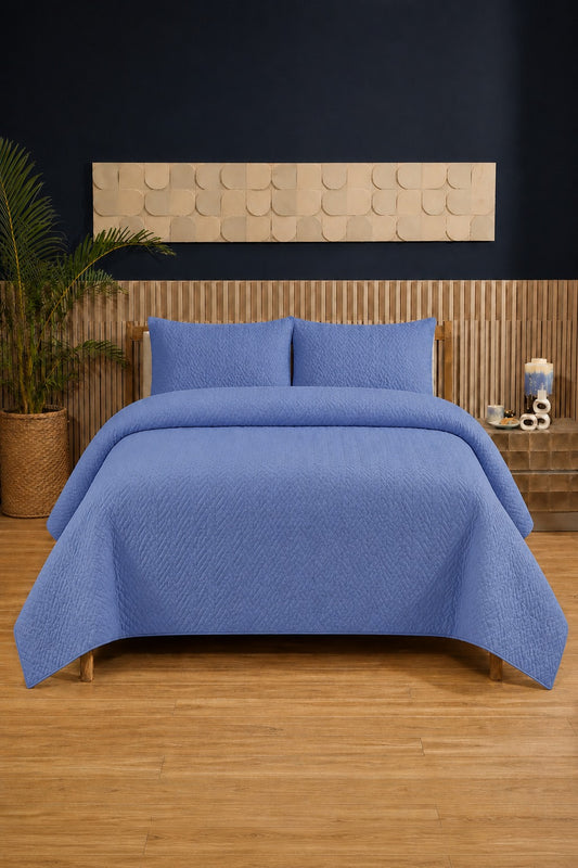 Sky Blue Ultrasonic Dyed 3-Piece Bedspread Set King / Double Bed