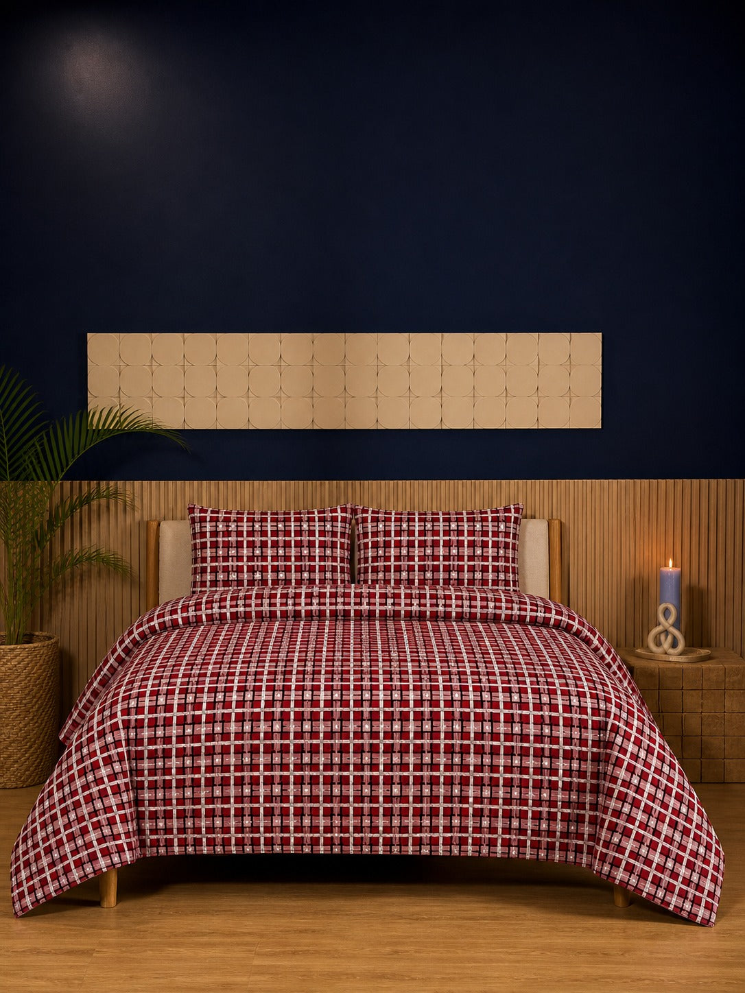 Mustard Maroon Check Ultrasonic Printed 3-Piece Bedspread Set