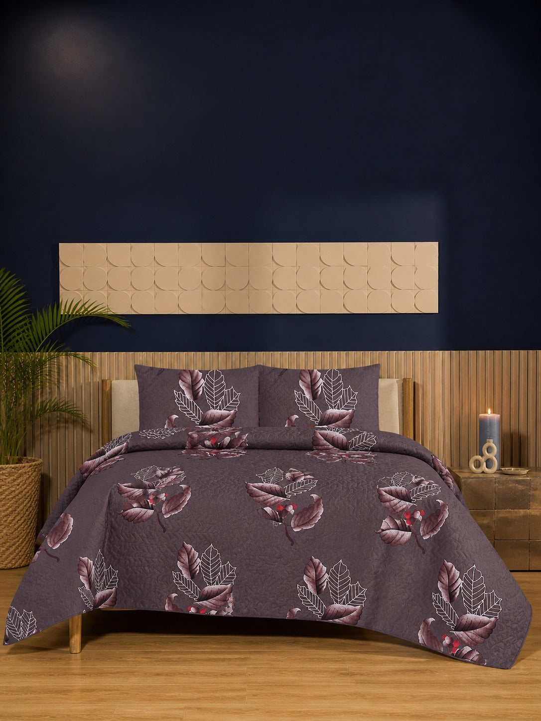 Royal Maroon Garden Ultrasonic Printed 3-Piece Bedspread Set