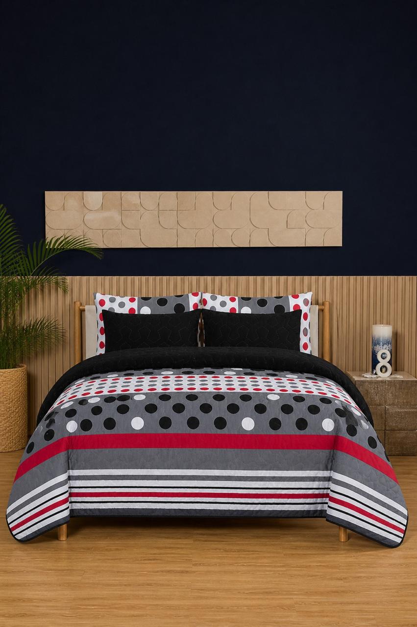 Crimson Dot Stripe 6-Piece Printed Bedspread Set